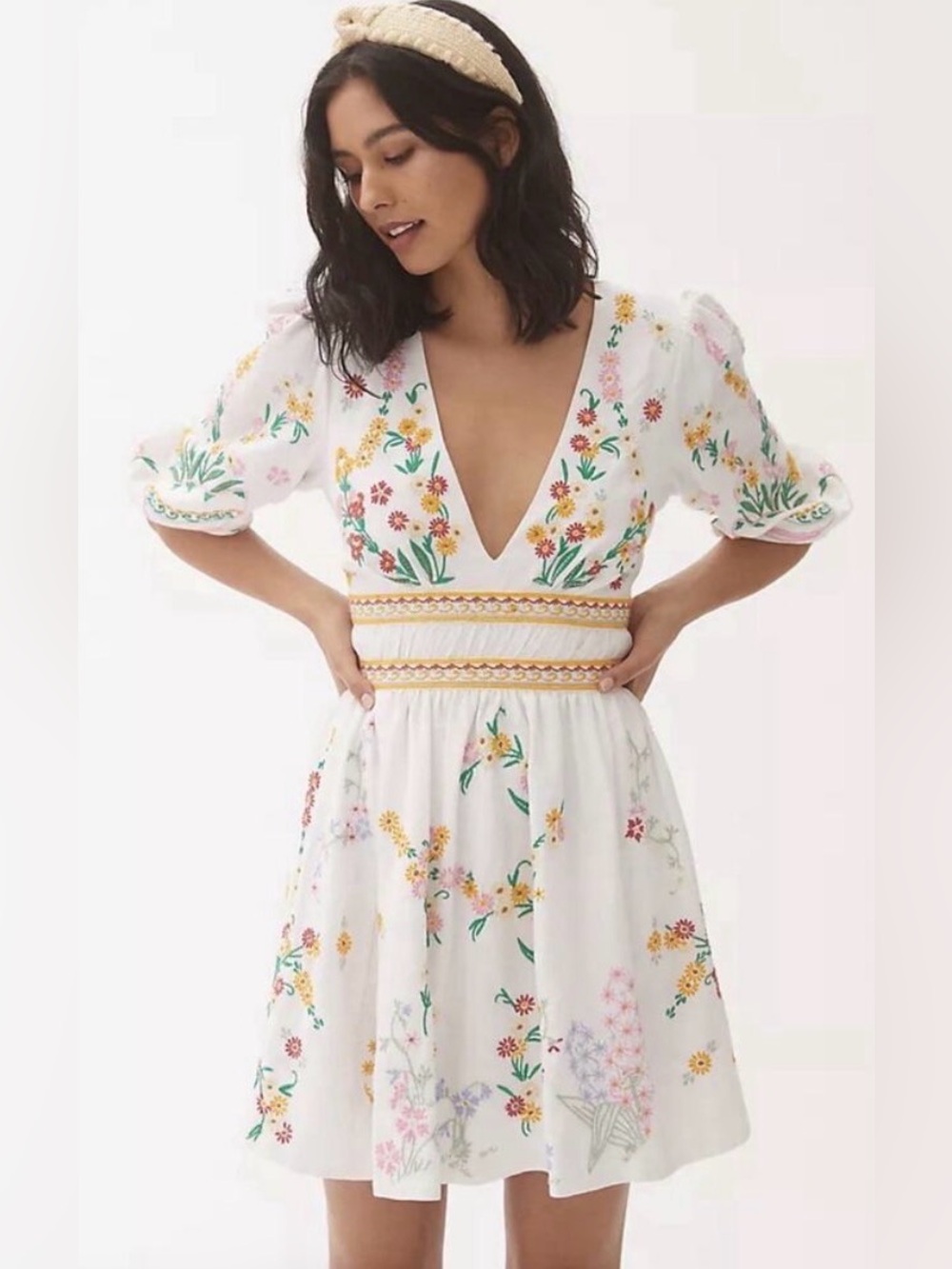 Anthropologie White Floral Embroidered V‑Neck Dress